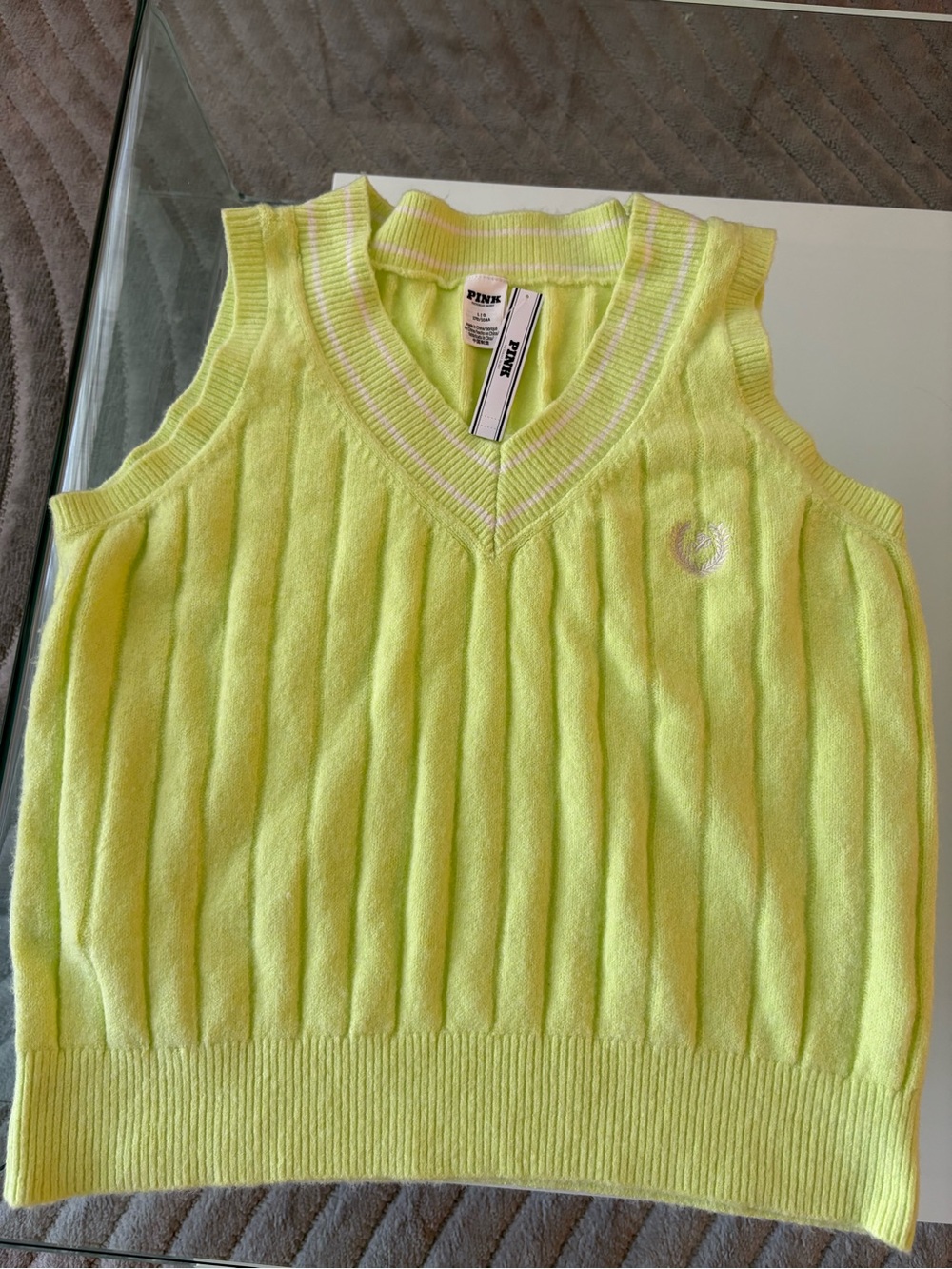 💚 PINK Victoria’s Secret Varsity Knit Sweater Vest Neon Lime NWT - Picture 2 of 5